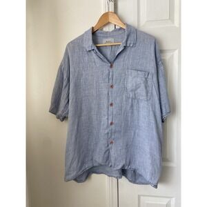 Flax Men's Medium Light Blue Linen Shirt Button Up Casual Short Sleeve Lagenlook